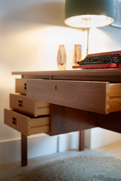 Teak kneehole desk with intregrated shelf (Denmark) 1960s