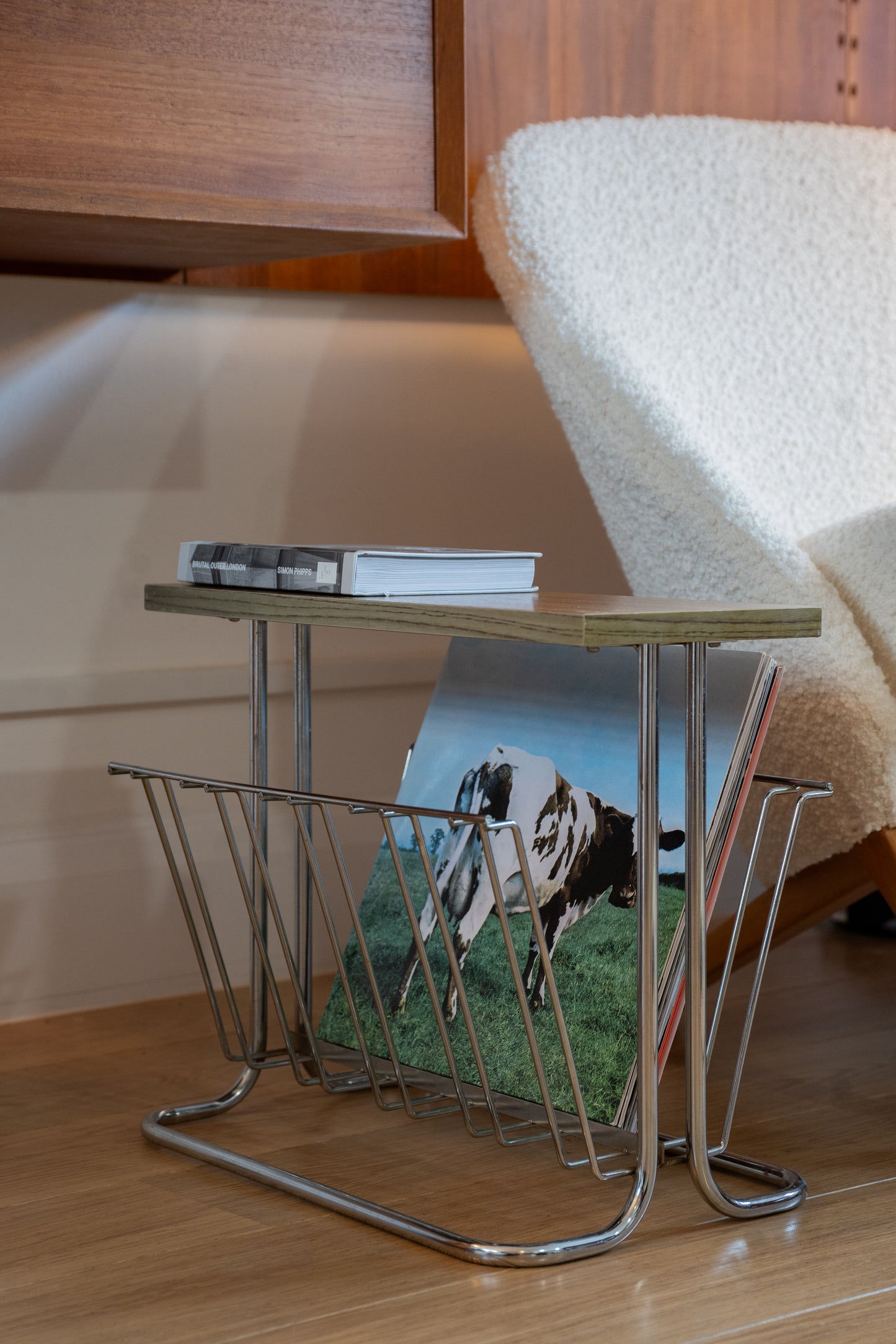 1960s teak and chrome magazine/vinyl rack