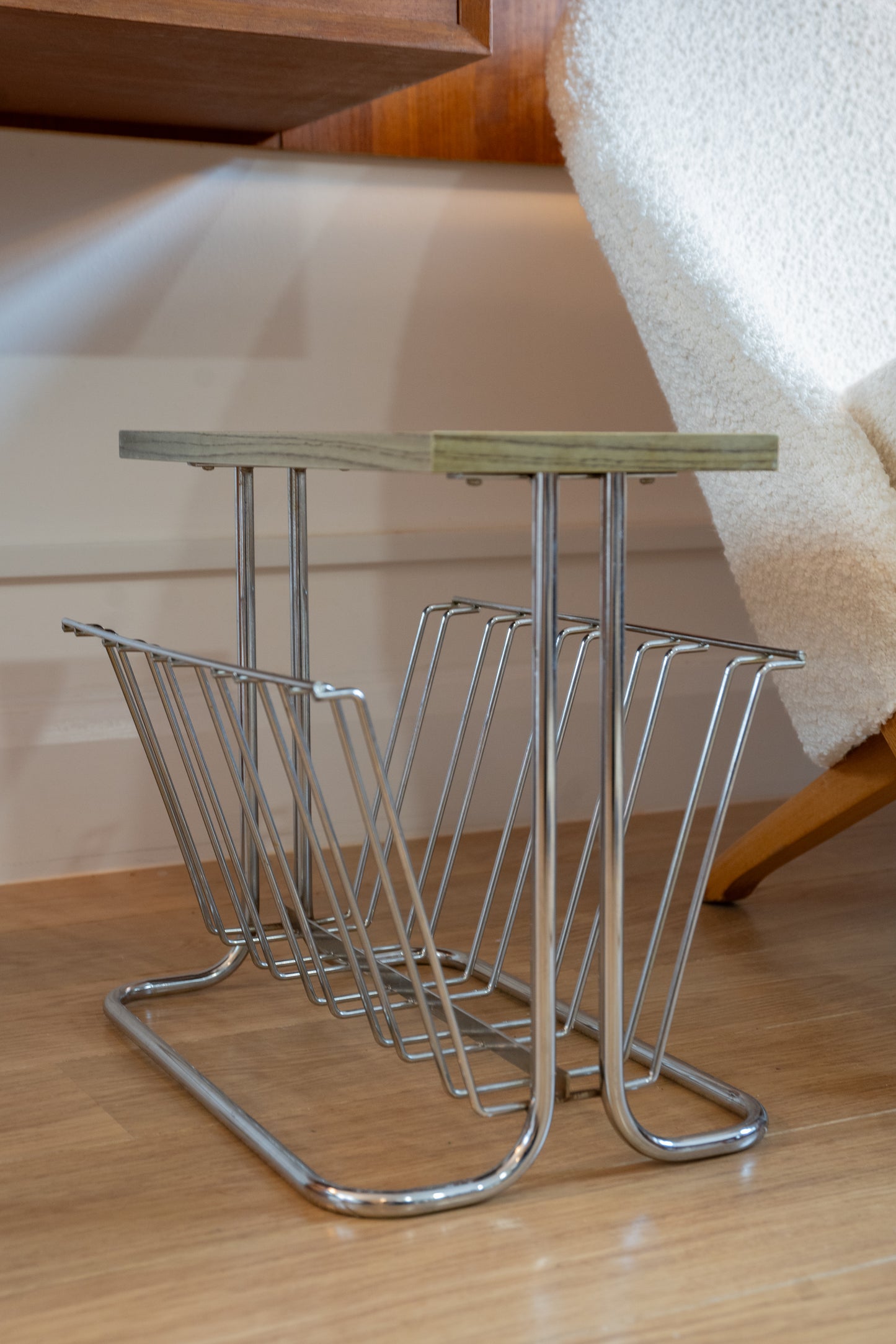 1960s teak and chrome magazine/vinyl rack