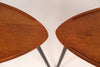 Pair of 1950s oak shield-shaped occassional tables on black tapered legs