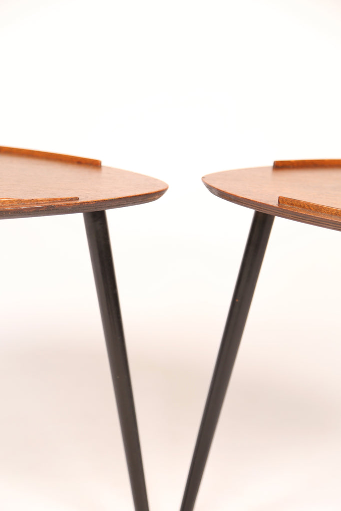 Pair of 1950s oak shield-shaped occassional tables on black tapered legs