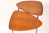 Pair of 1950s oak shield-shaped occassional tables on black tapered legs