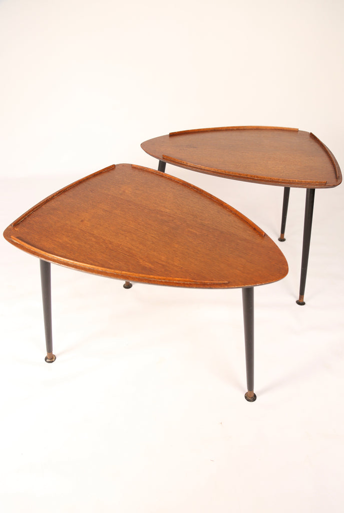 Pair of 1950s oak shield-shaped occassional tables on black tapered legs