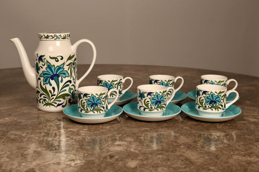 A midwinter pottery coffee set in 'Spanish Garden' pattern by Jesse Tait (1960s)