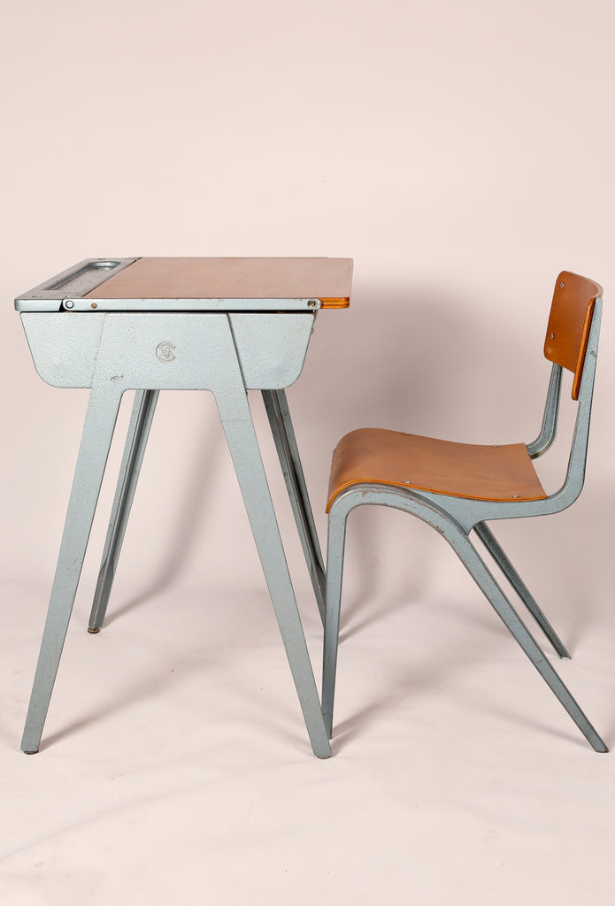 Childrens beech and metal school desk and chair by James Leonard (1950s) Britain