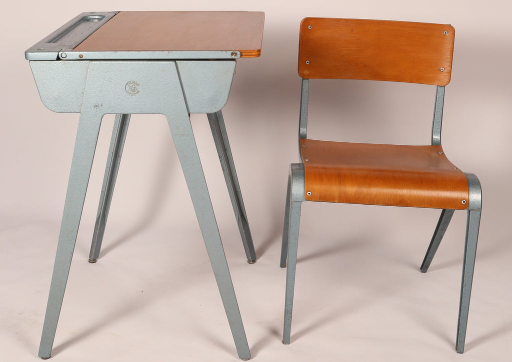 Childrens beech and metal school desk and chair by James Leonard (1950s) Britain