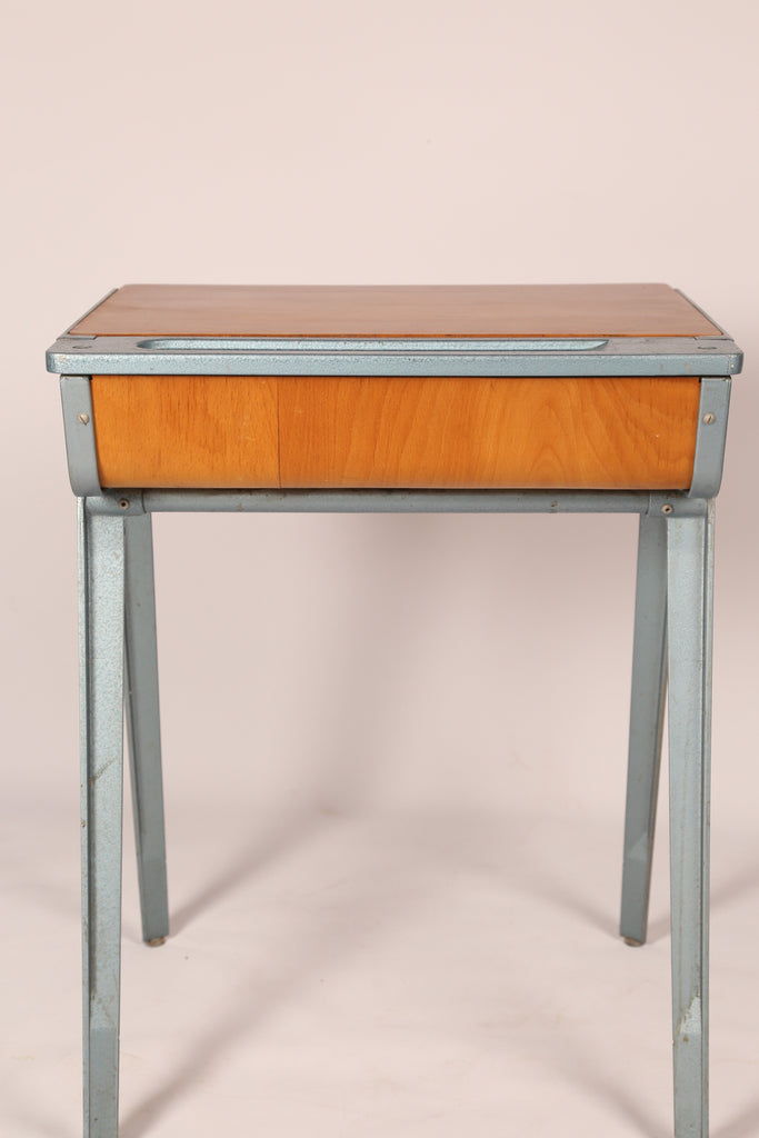 Childrens beech and metal school desk and chair by James Leonard (1950s) Britain