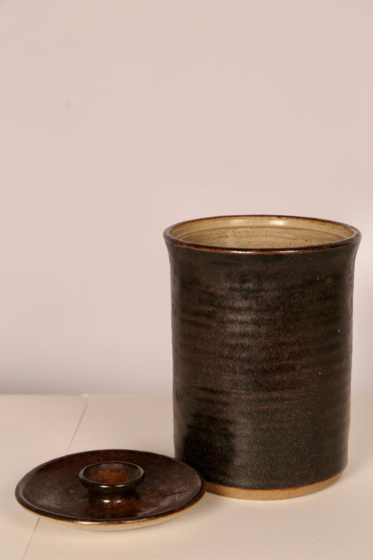 Midcentury treacle glazed container with lid (matching smaller one available)