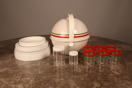 An unused 1960s Guzzini white plastic picnic set (Italy)