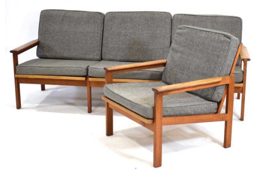 llum Wikkelso for Niels Eilersen, a 1960's teak three-seater 'Capella' sofa and armchair