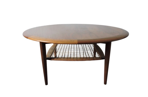 Circular teak and wicker coffee table w by Johannes Andersen (1960s)